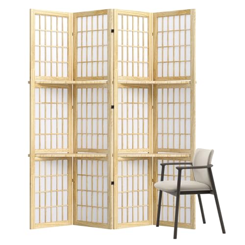 5.6FT Room Divider and Folding Portable Partition Screen, Chinese Japanese Shoji Style with Three Display Shelves for Room Separation - 4 Panel (Natural) Svimi