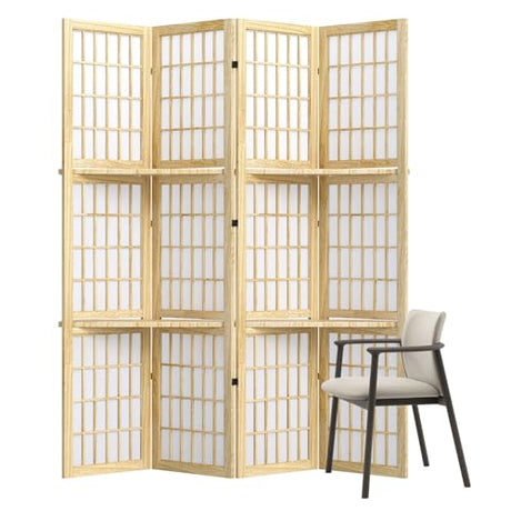 5.6FT Room Divider and Folding Portable Partition Screen, Chinese Japanese Shoji Style with Three Display Shelves for Room Separation - 4 Panel (Natural) Svimi