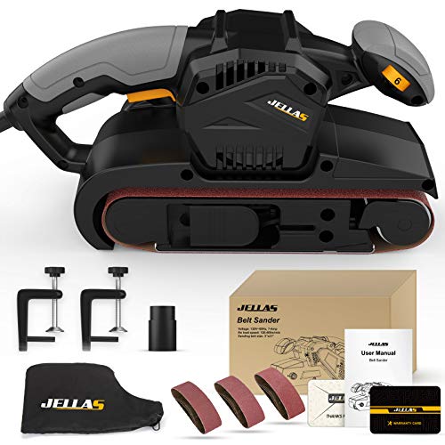 Jellas 7Amp Belt Sander 3 × 21-Inch with Dust Bag, Bench Sander with Variable-speed Control, 2 in 1 Vacuum Adapter, 10 Feet (3 Meters) Length Power Jellas