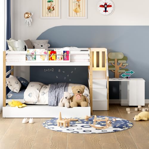Wooden Full Over Full Bunk Bed with Trundle, Storage Stairs & Convertible Fold-Out Desk, Durable Solid Wood Frame, No Box Spring Required, Ideal for Kids, Teens & Adults (White + Natural Wood, Full) smilesun