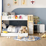 Wooden Full Over Full Bunk Bed with Trundle, Storage Stairs & Convertible Fold-Out Desk, Durable Solid Wood Frame, No Box Spring Required, Ideal for Kids, Teens & Adults (White + Natural Wood, Full) smilesun