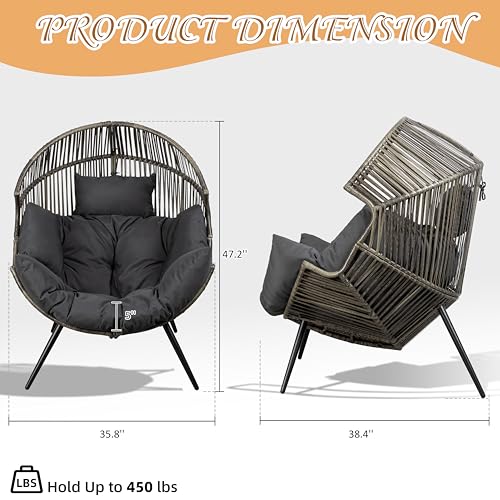 Shintenchi Wicker Egg Chair, Outdoor Rattan Patio Chair with Cushion,Oversized Patio Lounge Chairs with Cushion Egg Basket Chair, Egg Seat for Indoor Living Room Bedroom Outside,Grey Shintenchi