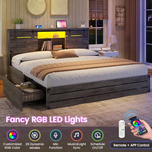 VIAGDO Wooden Bed Frame King Size with Bookcase Headboard and Sliding Barn Door, Farmhouse King Bed Frame with Charging Station, LED Lights and 4 Storage Drawers, No Box Spring Needed, Grey VIAGDO
