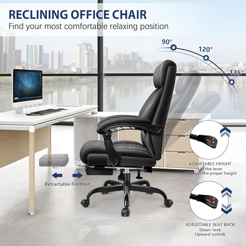 Big and Tall Office Chair with Footrest, High Back Executive Leather Desk Chair with Lumbar Support, Reclining Office Chair with Adjustable Angle, Home Office Ergonomic Computer Gaming Chair BestGlory