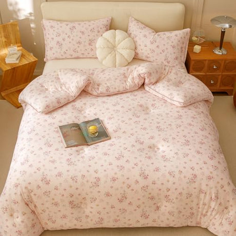 MorroMorn Pink Comforter Twin, Super Soft Twin Bedding Sets - 3 PCS Thick Fluffy Comforter with 2 Pillowcases for Girls Kids Teen, Lightweight for Bed All Seasons (Pink Flowers) MorroMorn