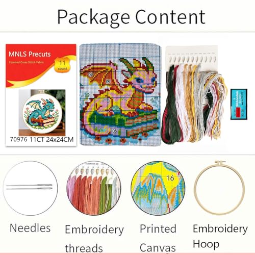 Zhenqing Cute Dragon on Books Cross Stitch Kit, 11CT Printed 24x24cm with Hoop, Fantasy Embroidery Set for Beginners (70976)