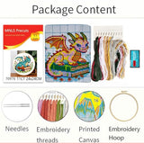 Zhenqing Cute Dragon on Books Cross Stitch Kit, 11CT Printed 24x24cm with Hoop, Fantasy Embroidery Set for Beginners (70976)