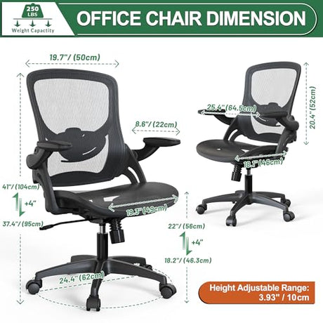 KIZECK Ergonomic Comfy Mesh Home Office Computer Desk Chair with Height Adjustable Lumbar Support with Flip up Arms for Adult KIZECK