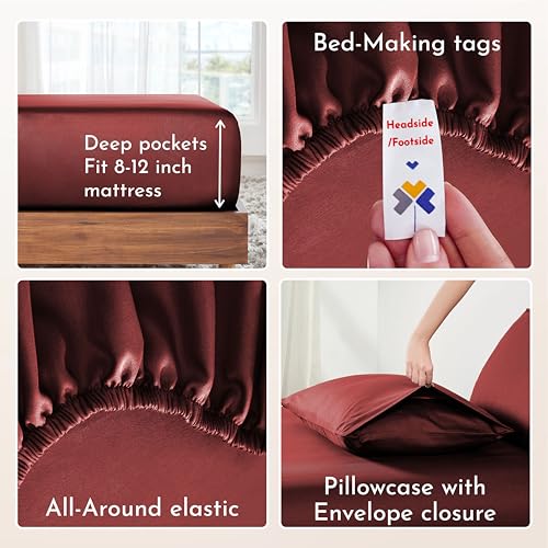 California Design Den Natural 100% Cotton Bed Sheets Twin Size Set - Soft Sateen Twin Sheets Set with 12" Pockets, Breathable and Durable Bedding for Dorm Rooms, College (Brick Red) California Design Den