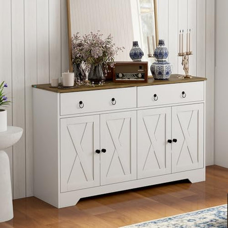 HOMCOM 48" Sideboard Buffet with Storage, Kitchen Storage Cabinet with 2 Drawers and 4 Barn Doors, Farmhouse Coffee Bar Cabinet with Adjustable Shelves, White HOMCOM