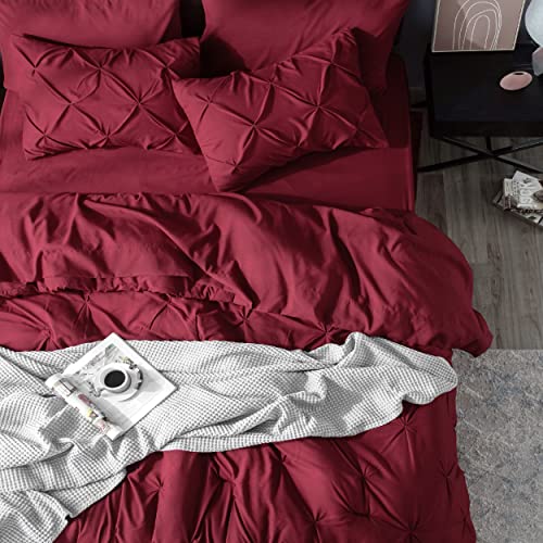 Bedsure California King Comforter Set Dark Red - Bed in a Bag Cal King Bedding Set 7 PCS, GentleSoft™ Pintuck Bed Set Gift for Family, Pinch Pleat Dark Red Comforter with Sheets, Pillowcases & Shams Bedsure