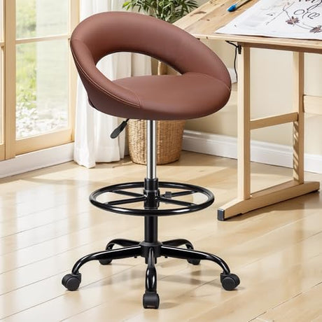 BESTFAIR Drafting Chair with Back, Height Adjustable Rolling Stool with Foot Rest, Tall 360° Swivel Stool PU Leather Chair with Wheels for Home Office, Standing Desk, Brown BESTFAIR