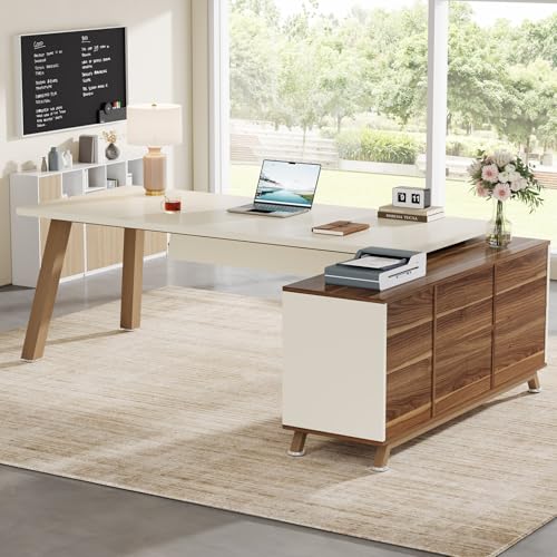 Tribesigns 78.7-Inch Executive Desk, L-Shaped Desk with 55-Inch Cabinet, Large Office Desk with Storage Shelves, Modern Computer Desk for Home Office, White & Walnut Tribesigns