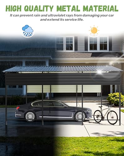 Greesum 10x15FT Metal Carport with Heavy Duty Frame and Galvanized Steel Roof, Vertical Carports with Side Support Rods, Canopy Shelter for Car, Pickup Trucks, Boats and Tractors, Party, Gray Greesum