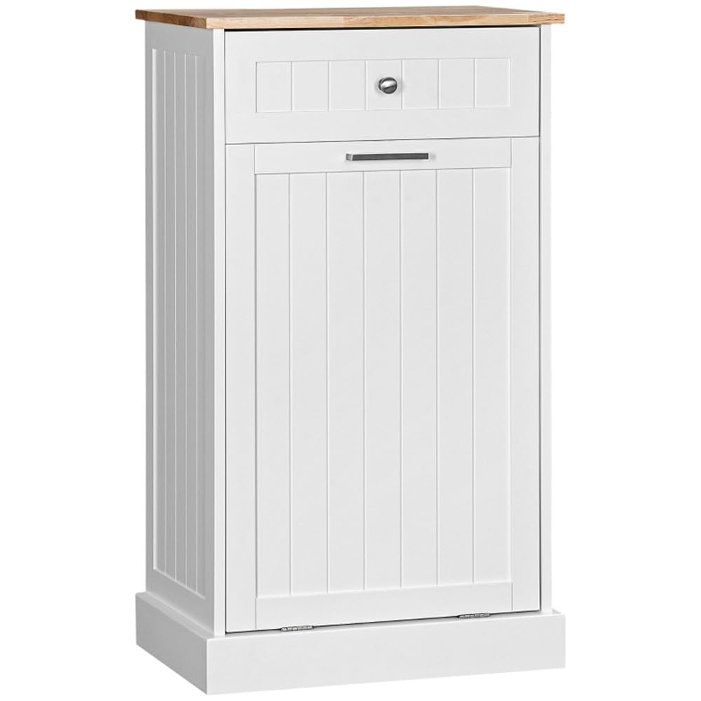 Sardoxx Wooden Tilt Out Trash Cabinet Kitchen Trash Can Rack Garbage Recycling Bucket Kitchen Cabinet with Drawer, Hidden Garbage Cabinet with Angle Adjustable Door, White - WoodArtSupply