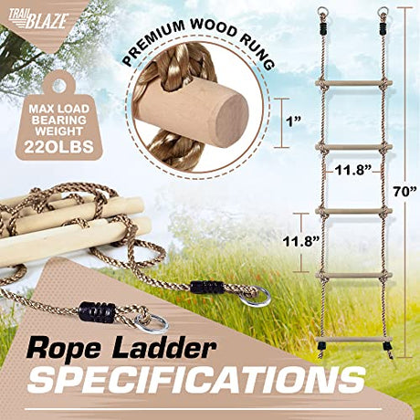 Wooden Climbing Rope Ladder for Kids - Kids Ninja Warrior Obstacle Course Accessories | Playset Rope Ladder for Swing Set Treehouse Bunkbed | Playground Ninja Obstacles Swing Rope Ladder Trailblaze
