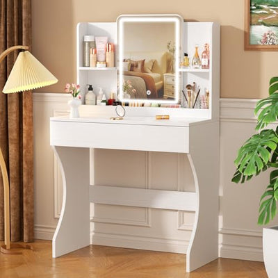 Vinabilia Small Vanity Desk with Mirror and Lights, Makeup Vanity with Storage Drawer, 2 Shelves and 3 Compartments - White