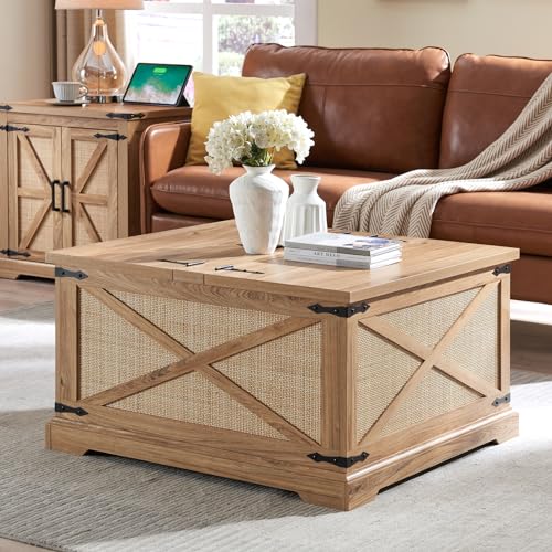 Barnyatoh Farmhouse Square Coffee Table with Storage, Boho Rattan Wood Center Table with Hinged Lift Top, Rustic Cocktail Table with Large Hidden Storage Compartment for Living Room, Bedroom Barnyatoh