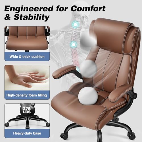 BESTFAIR Ergonomic Office Chair - Home Desk Computer Chair, Leather High Back Executive Chairs with Adjustable Lumbar Support & Flip-up Arms, Rocking Swivel Comfy, Brown BESTFAIR