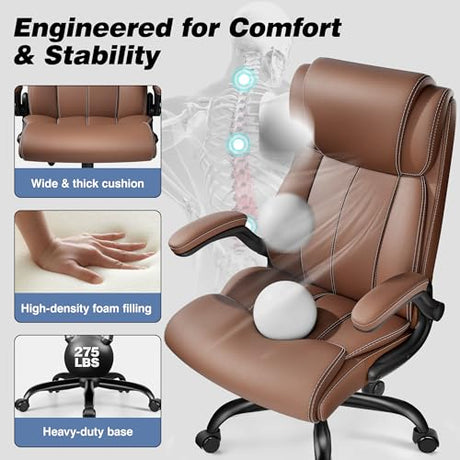 BESTFAIR Ergonomic Office Chair - Home Desk Computer Chair, Leather High Back Executive Chairs with Adjustable Lumbar Support & Flip-up Arms, Rocking Swivel Comfy, Brown BESTFAIR