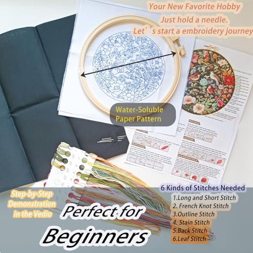 FONNUY Embroidery Kit for Beginners, Birds with Flowers Pre-Stamped Pattern Kits for Adults with Hoop, Easy to Follow Color Thread Needlework, 8'' Hoop (Blue)