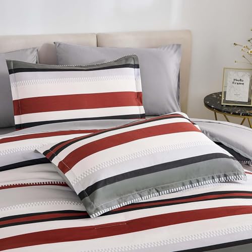 WONGS BEDDING Comforter Full Size, Red Bedding Comforter Set for Full Bed, Striped Bed in a Bag Full Size Comforter Sets for All Season 90"×78" WONGS BEDDING