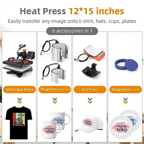 KOKEBREN 6 in 1 Heat Press Machine 12x15 Inch 360-Degree Swing Away Digital T Shirt Pressing Machine Multifunction Heat Transfer Sublimation Combo for T Shirts Mugs Hat Plate Cap KOKEBREN
