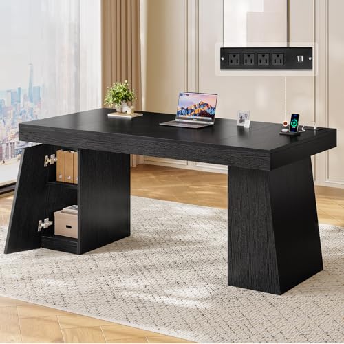 UPOSOJA 55.9 in Executive Desk with Power Outlets, Modern Home Office Desk with Storage Cabinet, Wood Computer Desk Business Workstation Desk Conference Table, Black (Storage Cabinet) UPOSOJA
