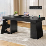 UPOSOJA 55.9 in Executive Desk with Power Outlets, Modern Home Office Desk with Storage Cabinet, Wood Computer Desk Business Workstation Desk Conference Table, Black (Storage Cabinet) UPOSOJA