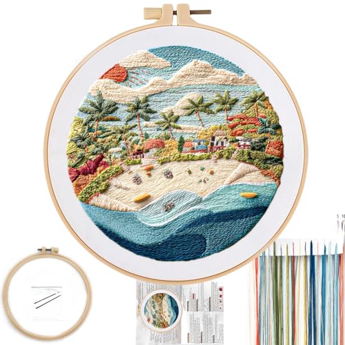 FONNUY Beach Ocean Embroidery Kit, Cross Stitch Kits for Beginners, Handmade Crafts with Printed Patterns for Beginner Adults, Easy to Follow Color Thread Needlework, 8'' Hoop (Coconut Tree)