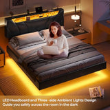 DICTAC Full Size Floating Bed Frame with led Lights & Storage Headboard Full Led Visual Floating Bed with Outlets Faux Leather Upholstered Platform Bed with Hidden Storage,No Box Spring Needed,Black DICTAC