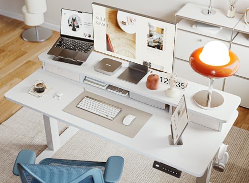 CubiCubi 55 x 24 Inch Electric Height Adjustable Standing Desk with Double Drawers, 4 Adjustable Feet & 2 Hooks, Home Office Computer Workstation, White CubiCubi