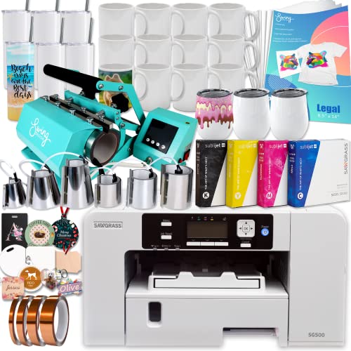 Sawgrass UHD Virtuoso SG500 Sublimation Printer Bundle with Inks, Turquoise 7-in-1 Heat Press, Sublimation Paper, Tape, Blanks, Designs, Exclusive Content