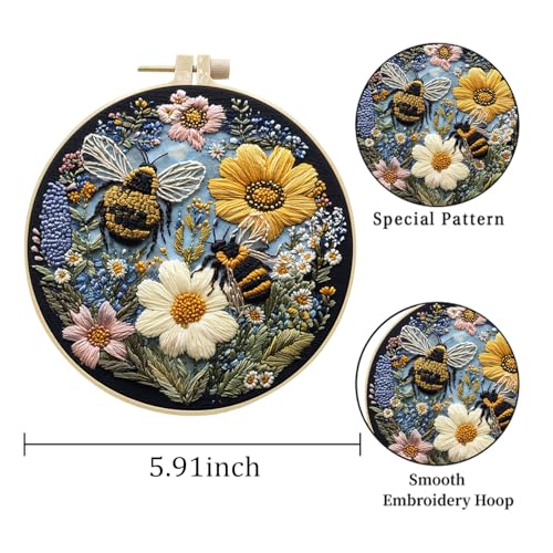 LB Yellow Floral Embroidery Kit for Beginners Adults, 3 Sets Hand Embroidery Starter Kit with Bee Pattern and Instructions Stamped Cross Stitch Kits Include Embroidery Hoop Needles Threads Scissors