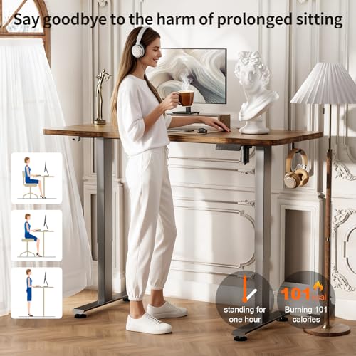 Veken 55 Inch Large Electric Standing Desk, Heights Adjustable, Sit to Stand Up, Work Home Office Computer Table for Study, Walking Pad, Writing, and Games, Wooden Desktop Desks, Brown Veken