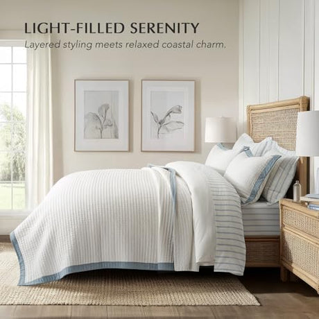 EVERGRACE Cotton Border Frame Tack-Stitch Quilt Bedding Set King Size, Coastal Oversized 3 Pieces Lightweight Bedspread Coverlet for All Season, with 2 Matching Shams, Blue Linen EVERGRACEHOME