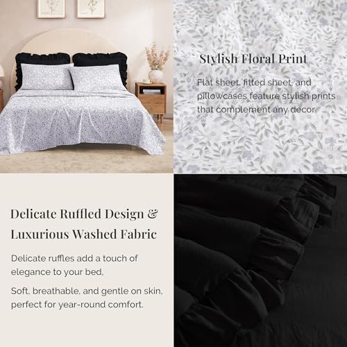 BLOOMHAVEN Full Comforter Set - 7 Pieces Ruffle Black Bedding Sets, Shabby Chic Farmhouse Bed in a Bag Full with Ruffle Comforter, Floral Sheets, Pillowcases & Shams BLOOMHAVEN