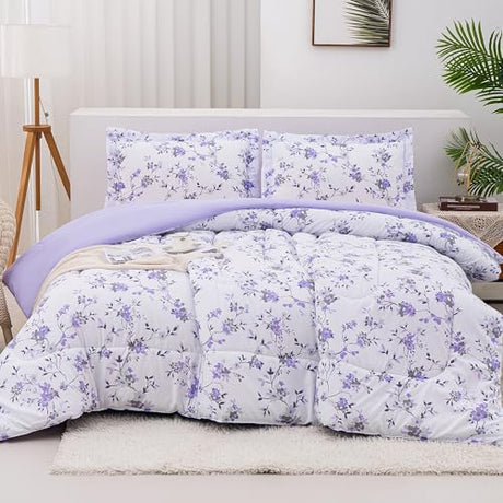 Mooreeke Floral King Size Comforter Sets, Lightweight Purple Lavender Botanical Printed Bedding for All Seasons, 3-Piece Vintage Bed in a Bag with Fluffy Quilted Reversible Comforter & 2 Pillow Shams Mooreeke