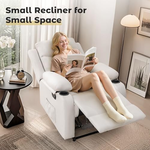 Korser Manual Recliner Chair for Adults, Small Recliners for Small Spaces, Nursery Recliner with Adjustable Backrest, Cup Holders and Side Pockets, Reclining Chair for Living Room, Beige