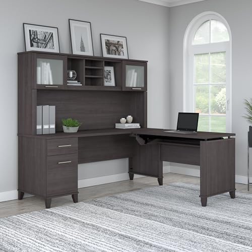 Bush Home Somerset 72W 3 Position Sit to Stand L Shaped Desk with Hutch in Storm Gray | Adjustable Height Table for Home Office Bush Home