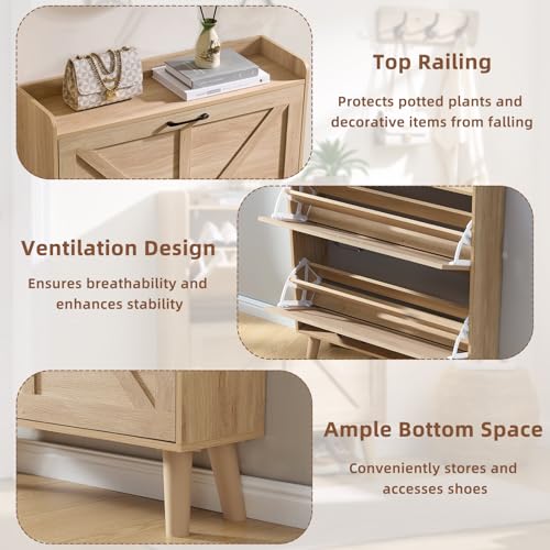 LEYAOYAO Shoe Storage Cabinet with 2 Flip Drawers，Narrow Shoe Storage Cabinet Organizer with Legs for Entryway Hallway, Living Room, Bedroom，Hidden Slim Storage Narrow Shoe Rack Cabinet,Natural LEYAOYAO
