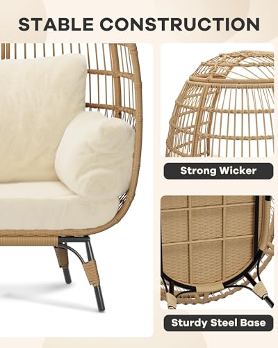 PeacefulHues Oversize Wicker Egg Chair with Plush Cushion, Rattan Egg Basket Lounge Chair Winter Egg-Shaped Chair w/Steel Frame and 4 Cushions for Patio, Porch, Beige PeacefulHues