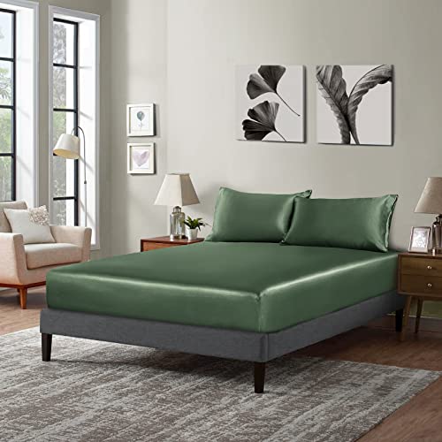 Pothuiny Satin Fitted Sheet - Ultra Soft Deep Pocket, Woodland Green, Single Mattress Cover (12" to 16") P Pothuiny
