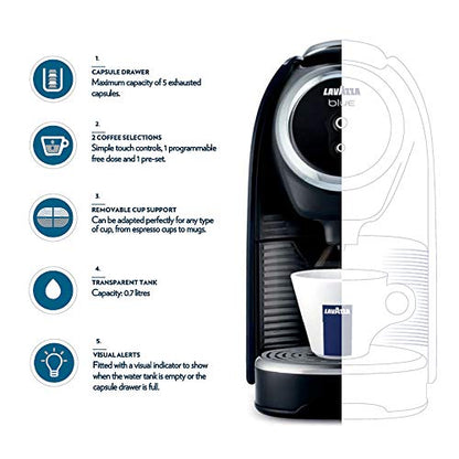 Lavazza BLUE Classy Mini Single Serve Espresso Coffee Machine LB 300, 5.3" x 13" x 10.2" 2 Coffee selections: simple touch controls, 1 programmable free dose and 1 pre-set