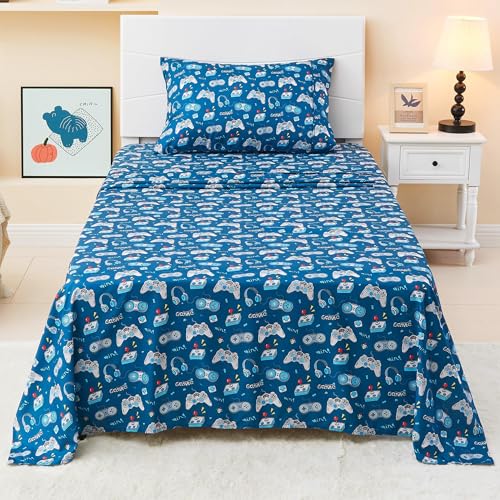 Softan Kids Bed Sheet Set, 4-Piece Full Size Sheets, Microfiber Fitted Sheet with 15 Inches Deep Pocket and Corner Straps, Breathable & Silky Soft Game Controller Printed Sheet and Pillowcase Sets Softan