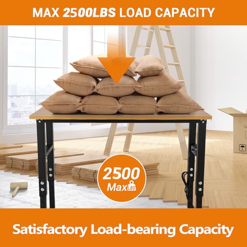 60" Adjustable Workbench with Power Outlet, Heavy Duty 60" x 20" Work Benches with Foot Pads, 2500 LBS Load Capacity Work Bench for Garage, Workshop EliteEdge