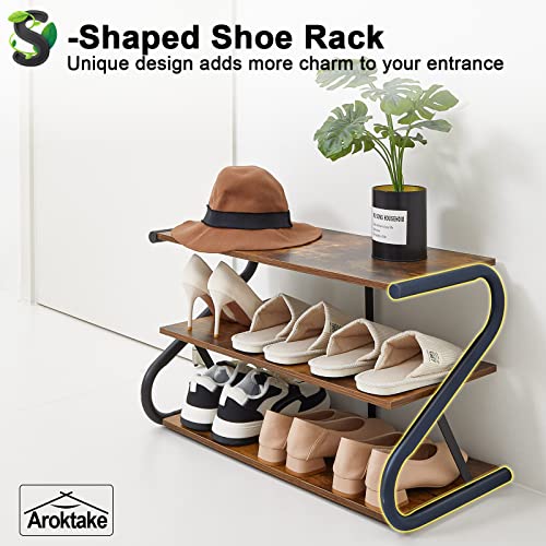 Aroktake 3-Tier Shoe Rack, Wooden Shoe Storage with S Shape Heavy Duty Metal Free Standing, Shoe Organizer Shelf for Entryway, Living Room, Closet, Bedroom (Rustic) Aroktake