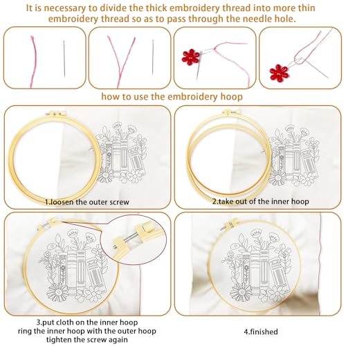 BEUNITONE Flower Embroidery Kit for Beginners 4 Pack Embroidery Starter Kit for Adult Cat Plant Books Pattern Stamped Cross Stitch Set with Instructions Embroidery Hoops Easy for DIY Craft 7.9''
