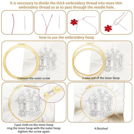 BEUNITONE Flower Embroidery Kit for Beginners 4 Pack Embroidery Starter Kit for Adult Cat Plant Books Pattern Stamped Cross Stitch Set with Instructions Embroidery Hoops Easy for DIY Craft 7.9'' BEUNITONE