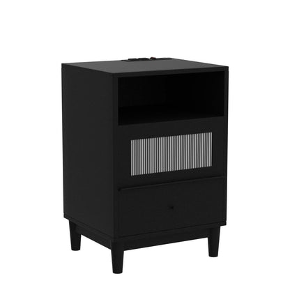 Saudism Black Nightstand with Charging Station, End Table with Glass Drawers, Night Stand with LED Lights, Wood Bedside Tables for Bedroom, 15.7”×13.7”×23.8” - WoodArtSupply